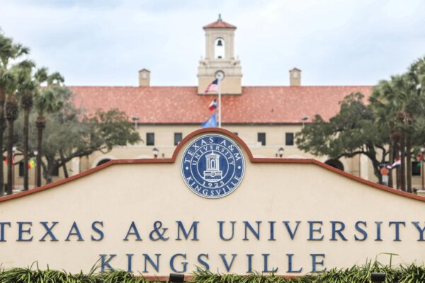 Texas A&M University Kingsville stucco sign at grand entrance