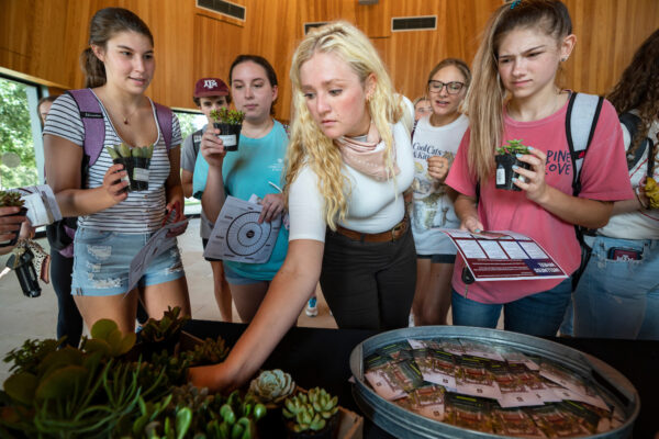 Students selecting succulent plants from a table